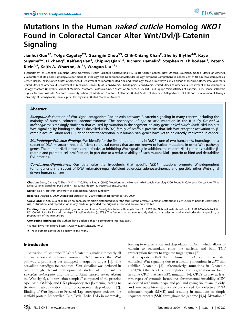 Mutations in the Human Naked Cuticle Homolog NKD1 Found in Colorectal Cancer Alter Wnt/Dvl/B-Catenin Signaling