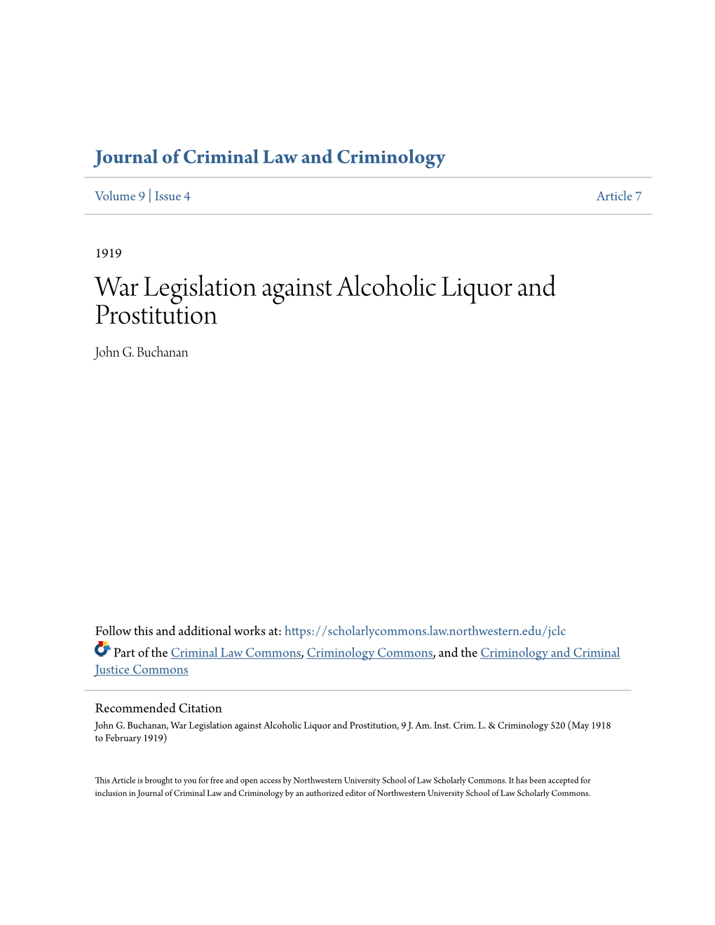 War Legislation Against Alcoholic Liquor and Prostitution John G