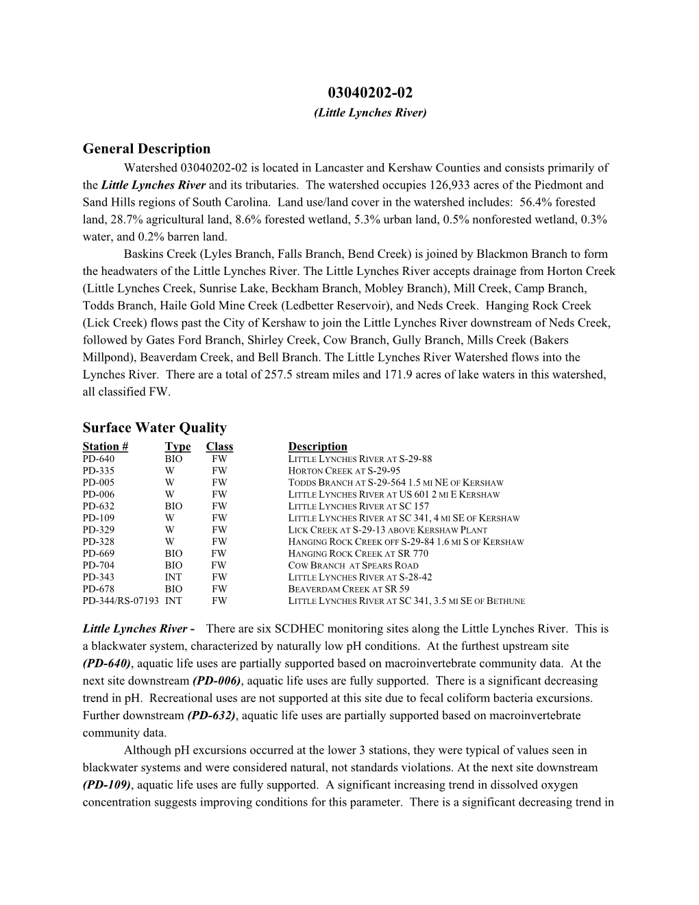 General Description Surface Water Quality