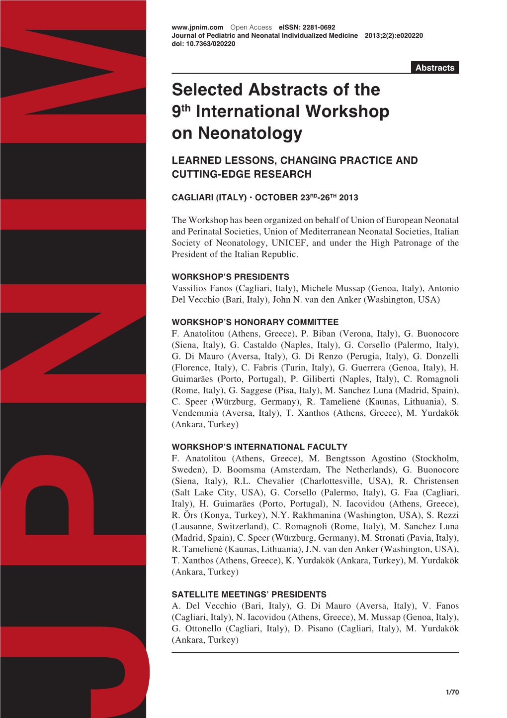 Selected Abstracts of the 9Th International Workshop on Neonatology