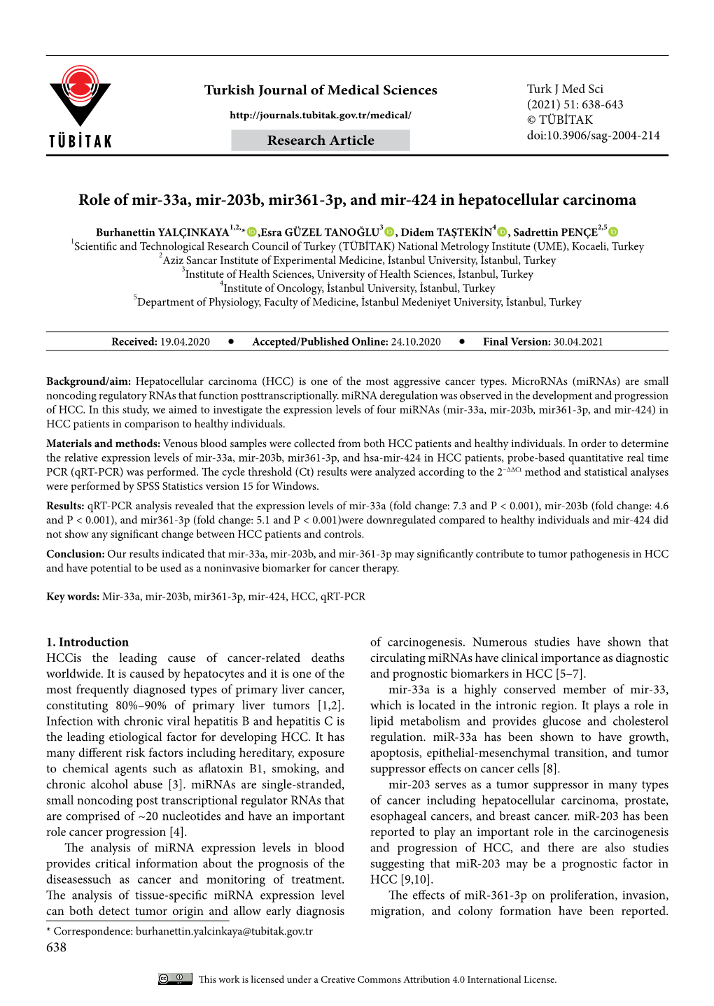 Role of Mir-33A, Mir-203B, Mir361-3P, and Mir-424 in Hepatocellular Carcinoma