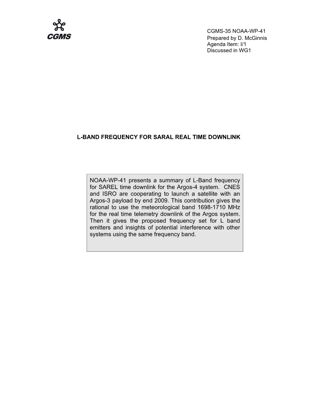 L-Band Frequency for Saral Real Time Downlink Noaa-Wp