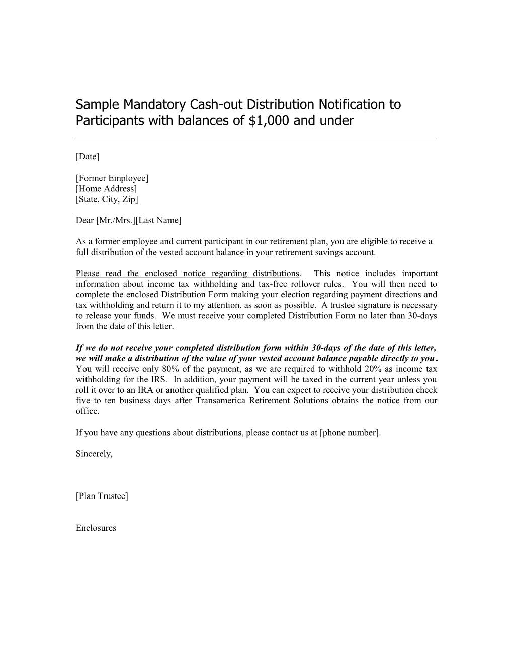 Sample Mandatory Cash Out Distribution Participant Notice 1000 And Under