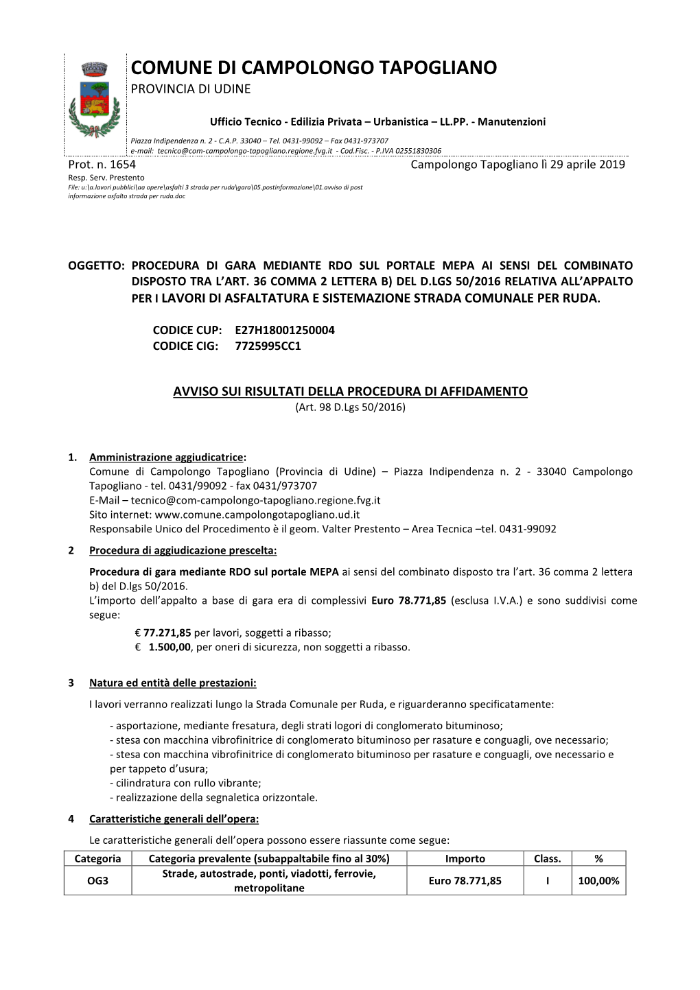 01.Avviso Di Post Informazione Asfalto Strada Per Ruda.Doc