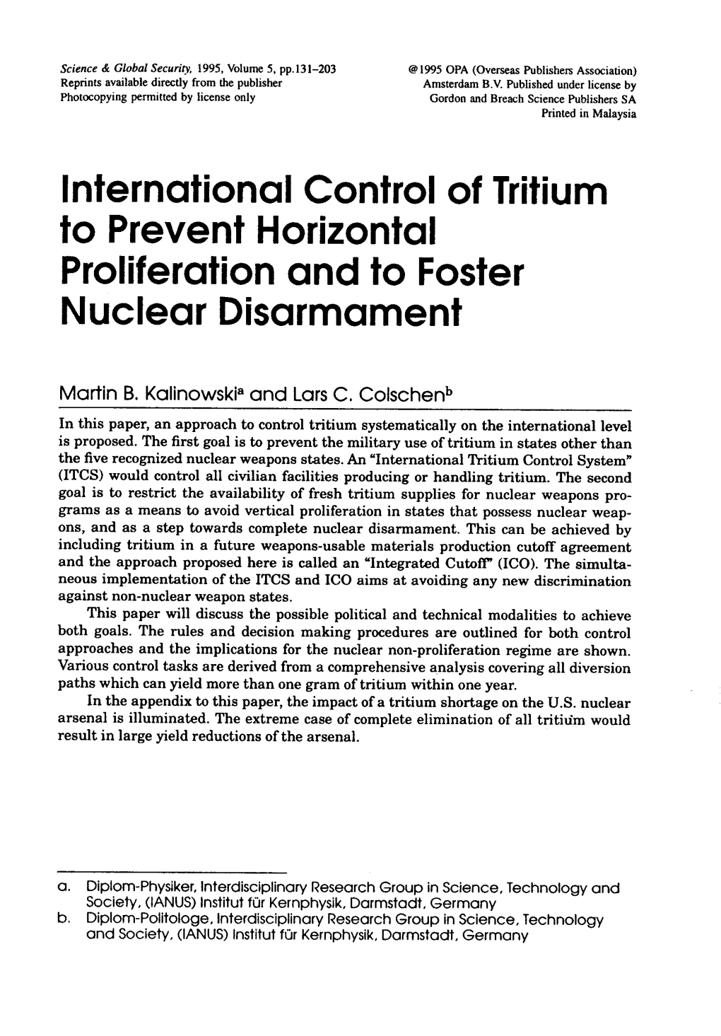International Control of Tritium to Prevent Horizontal Proliferation and to Foster Nuclear Disarmament