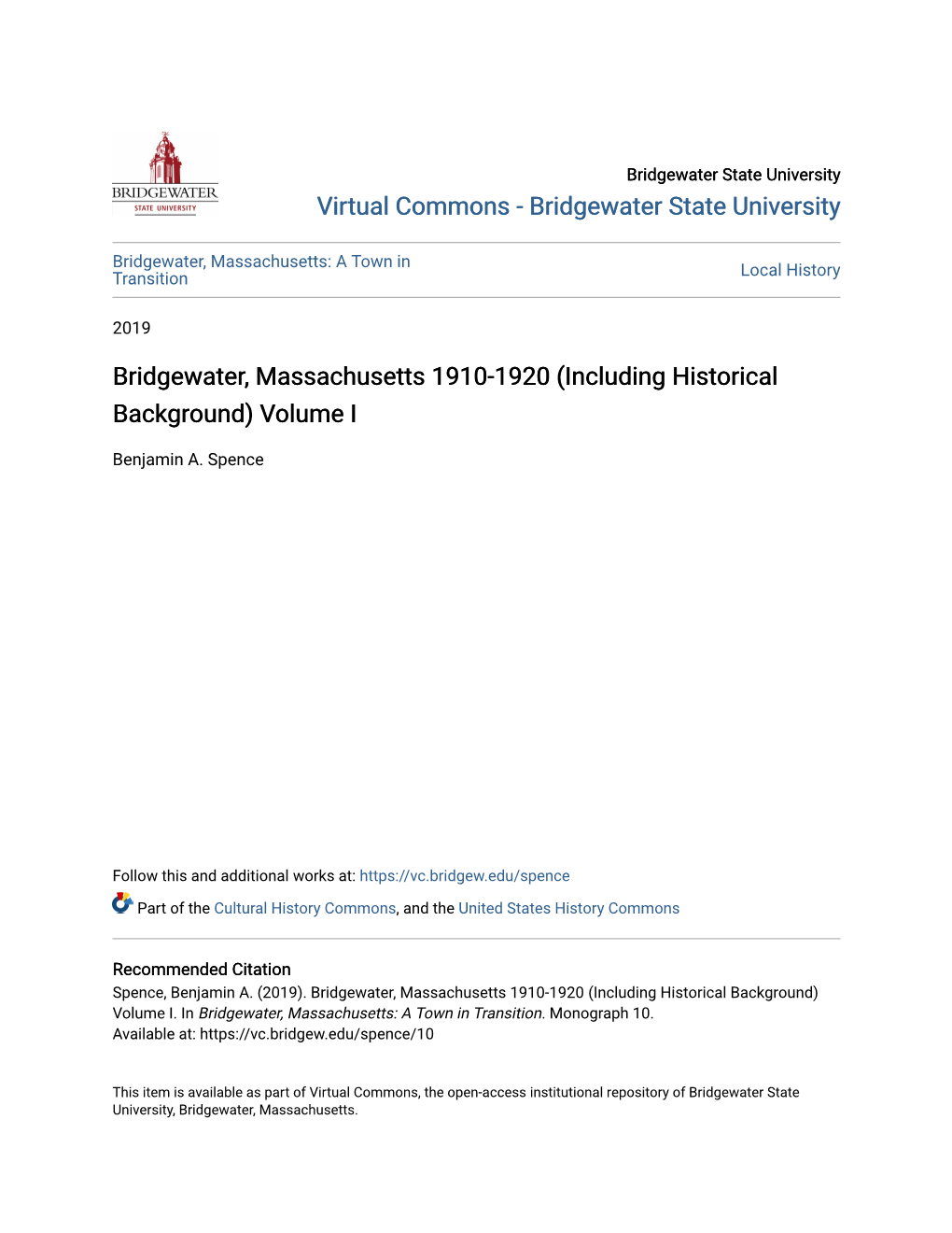 Bridgewater, Massachusetts 1910-1920 (Including Historical Background) Volume I