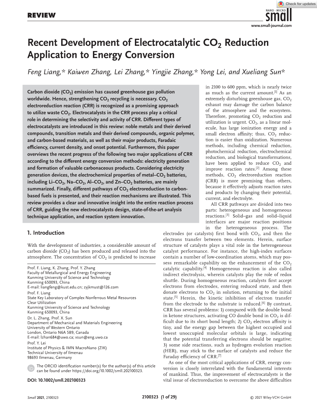 Recent Development of Electrocatalytic CO2 Reduction Application to Energy Conversion