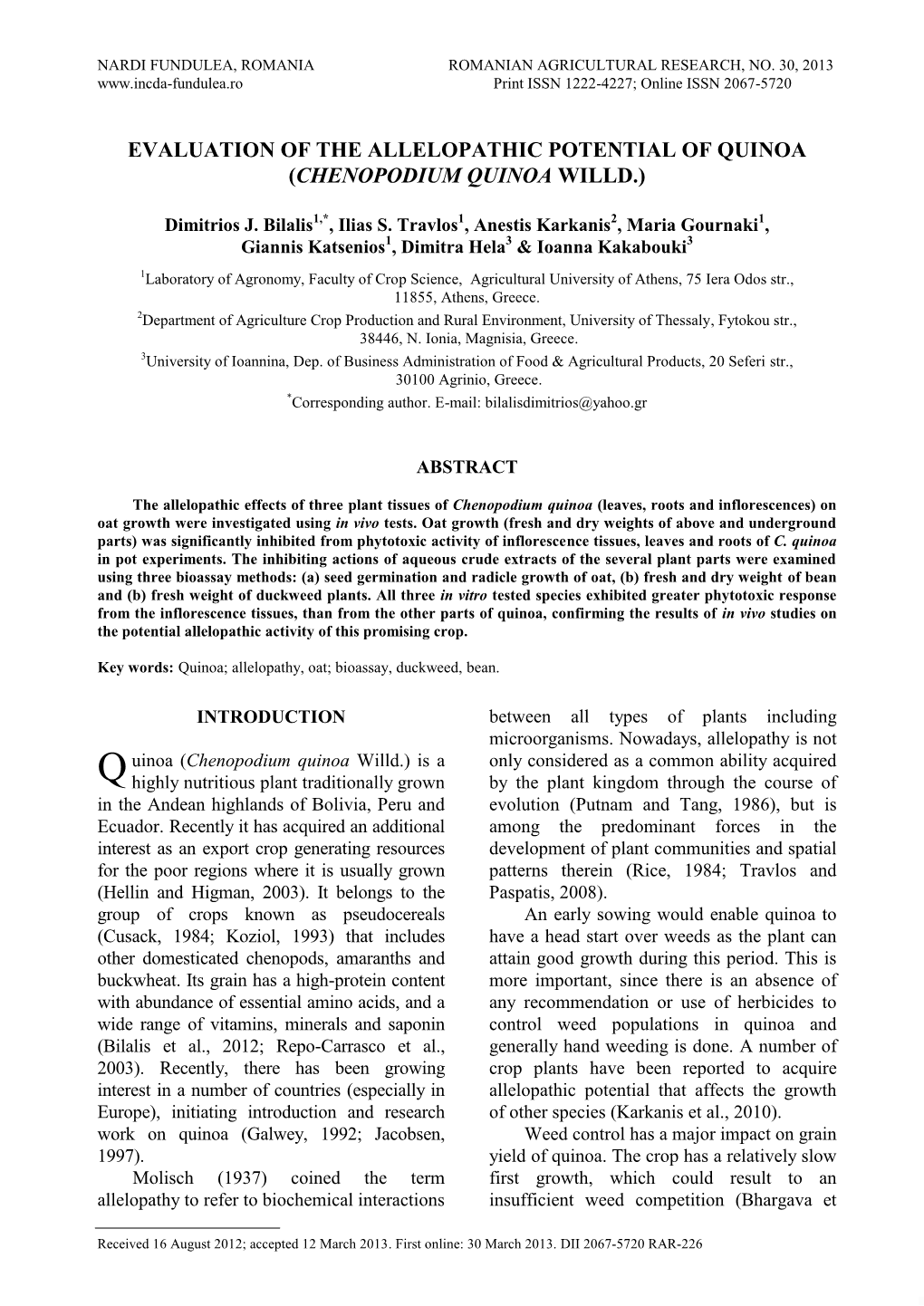 Evaluation of the Allelopathic Potential of Quinoa (Chenopodium Quinoa Willd.)