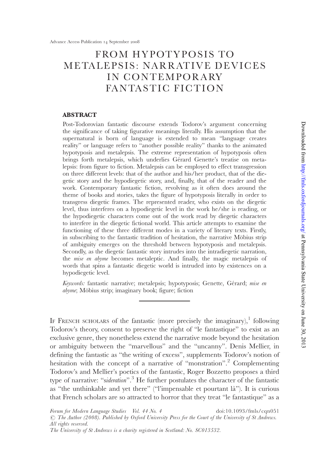 From Hypotyposis to Metalepsis: Narrative Devices in Contemporary Fantastic Fiction