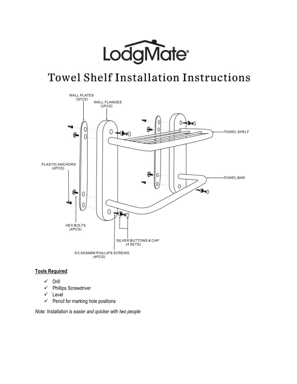 Tools Required: Drill Phillips Screwdriver Level Pencil for Marking Hole Positions Note: Installation Is Easie