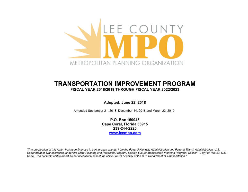 Transportation Improvement Program Fiscal Year 2018/2019 Through Fiscal Year 2022/2023