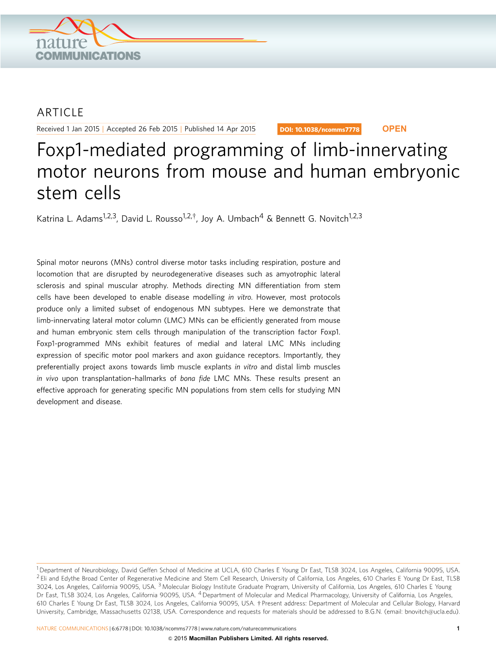 Foxp1-Mediated Programming of Limb-Innervating Motor Neurons from Mouse and Human Embryonic Stem Cells