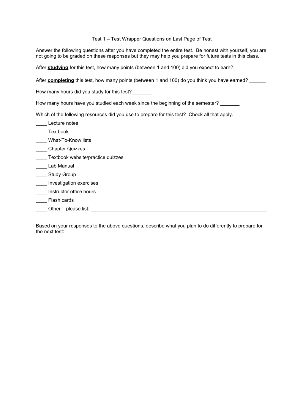 Test 1 Test Wrapper Questions on Last Page of Test