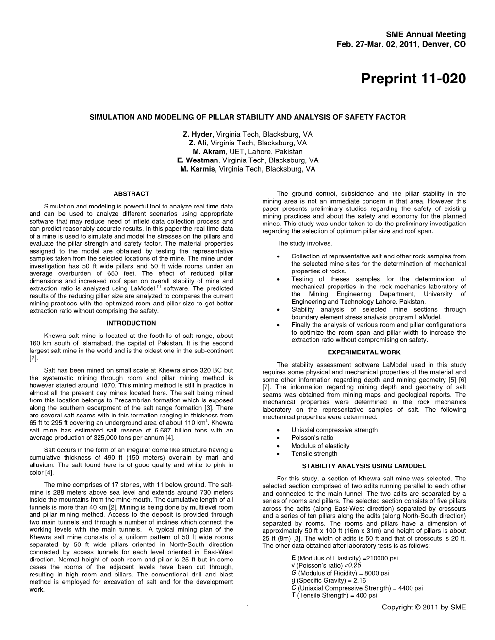 Simulation and Modeling of Pillar Stability and Analysis of Safety Factor