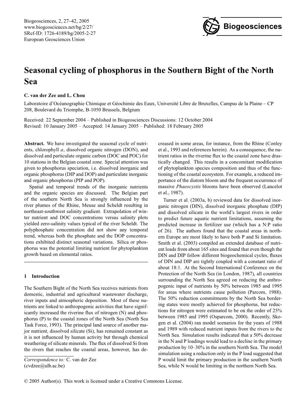 Seasonal Cycling of Phosphorus in the Southern Bight of the North Sea