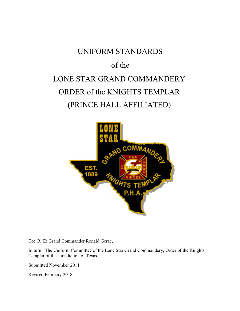 UNIFORM STANDARDS of the LONE STAR GRAND COMMANDERY ORDER of the KNIGHTS TEMPLAR (PRINCE HALL AFFILIATED)