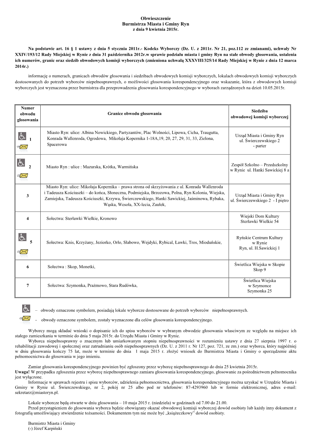 Obwieszczenie Burmistrza Miasta I Gminy Ryn Z Dnia 9 Kwietnia 2015R