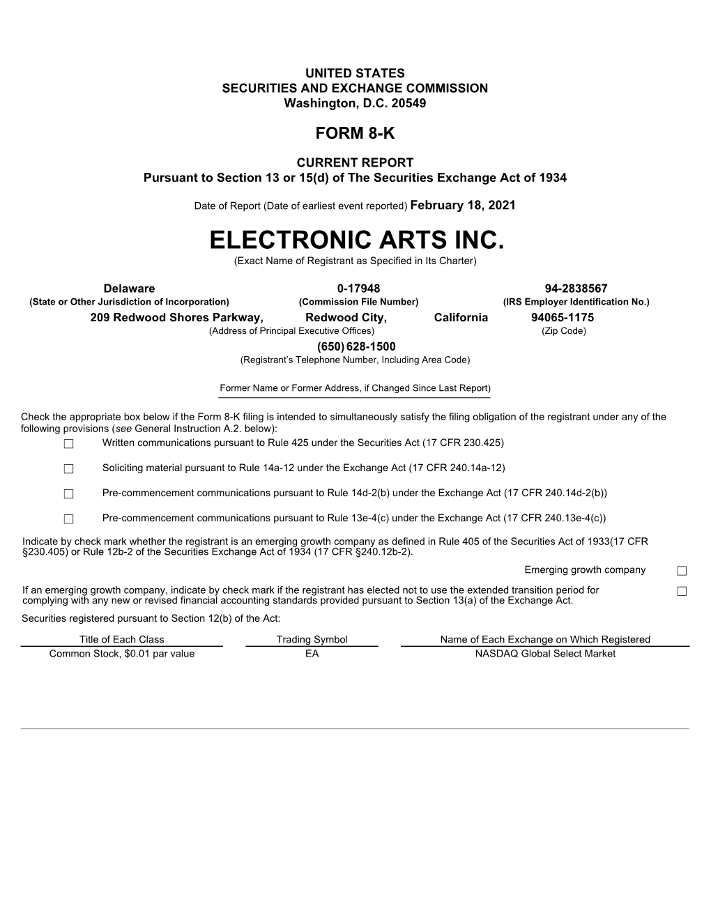 ELECTRONIC ARTS INC. (Exact Name of Registrant As Specified in Its Charter)