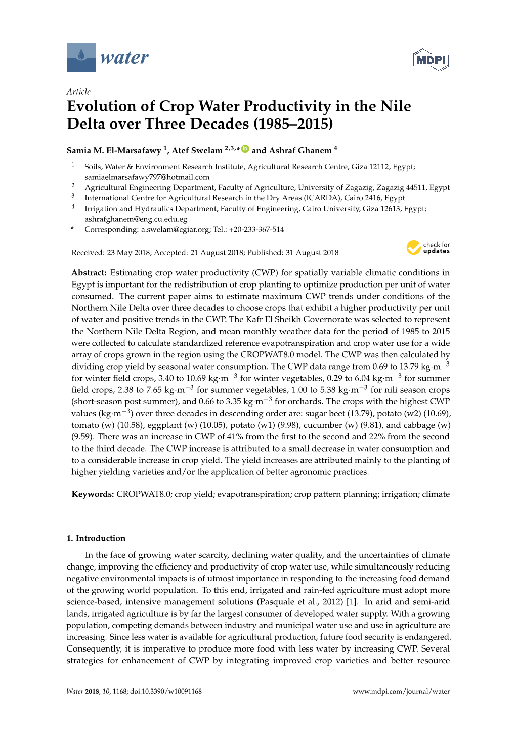 Evolution of Crop Water Productivity in the Nile Delta Over Three Decades (1985–2015)