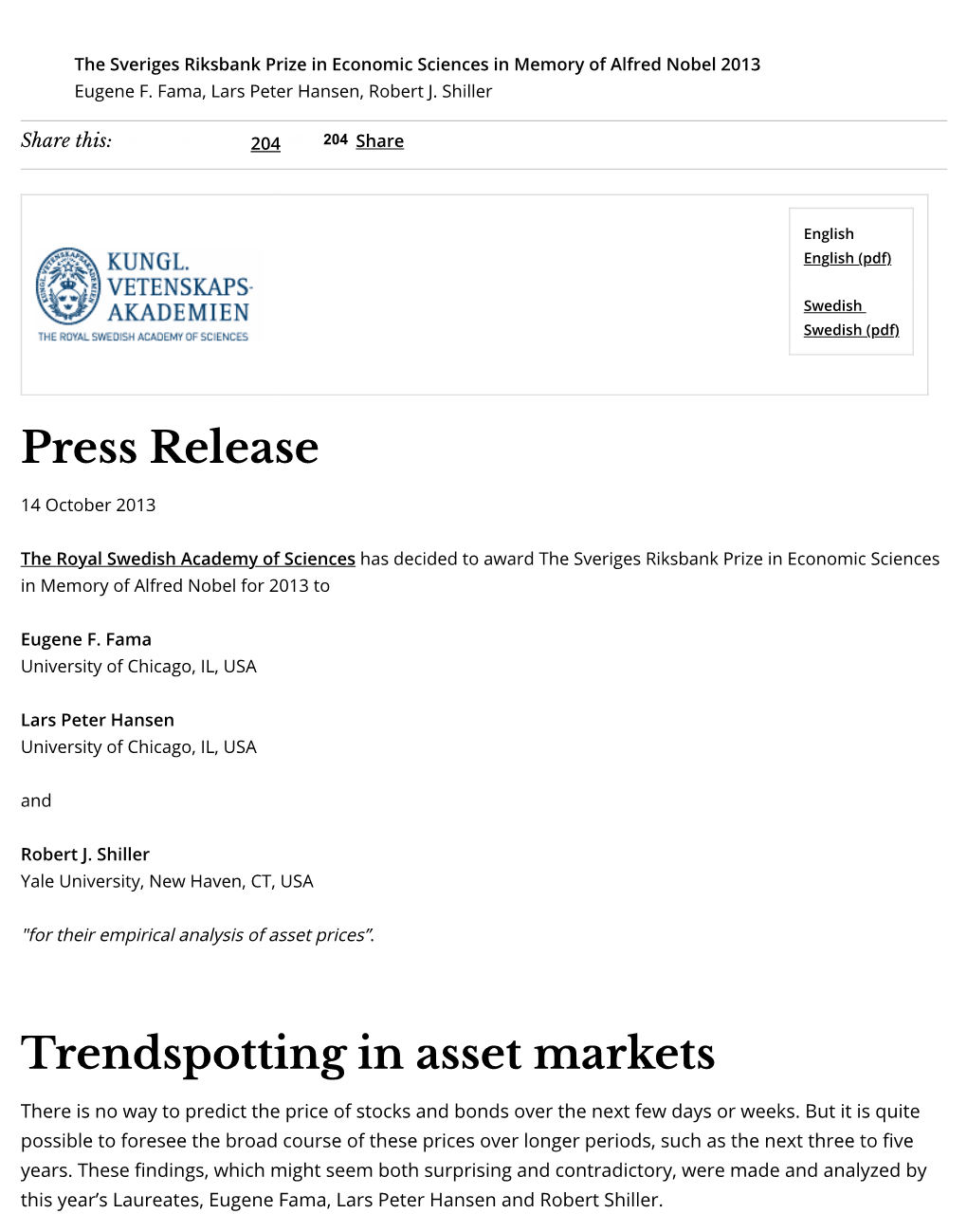 Press Release Trendspotting in Asset Markets