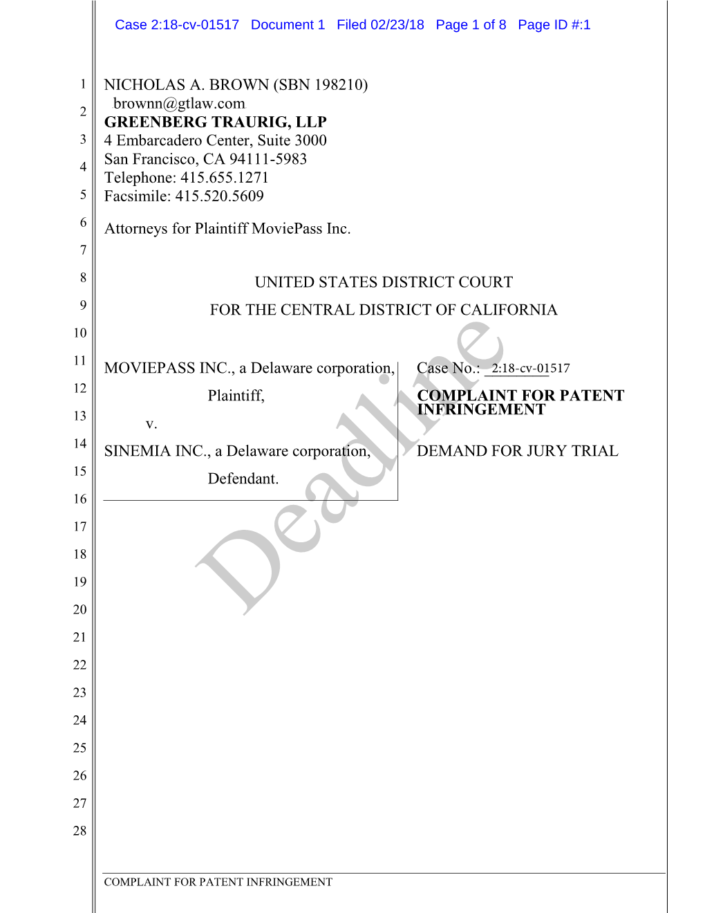 7Tbrownn@Gtlaw.Com7t GREENBERG TRAURIG, LLP 3 4 Embarcadero Center, Suite 3000 4 San Francisco, CA 94111-5983 Telephone: 415.655.1271 5 Facsimile: 415.520.5609