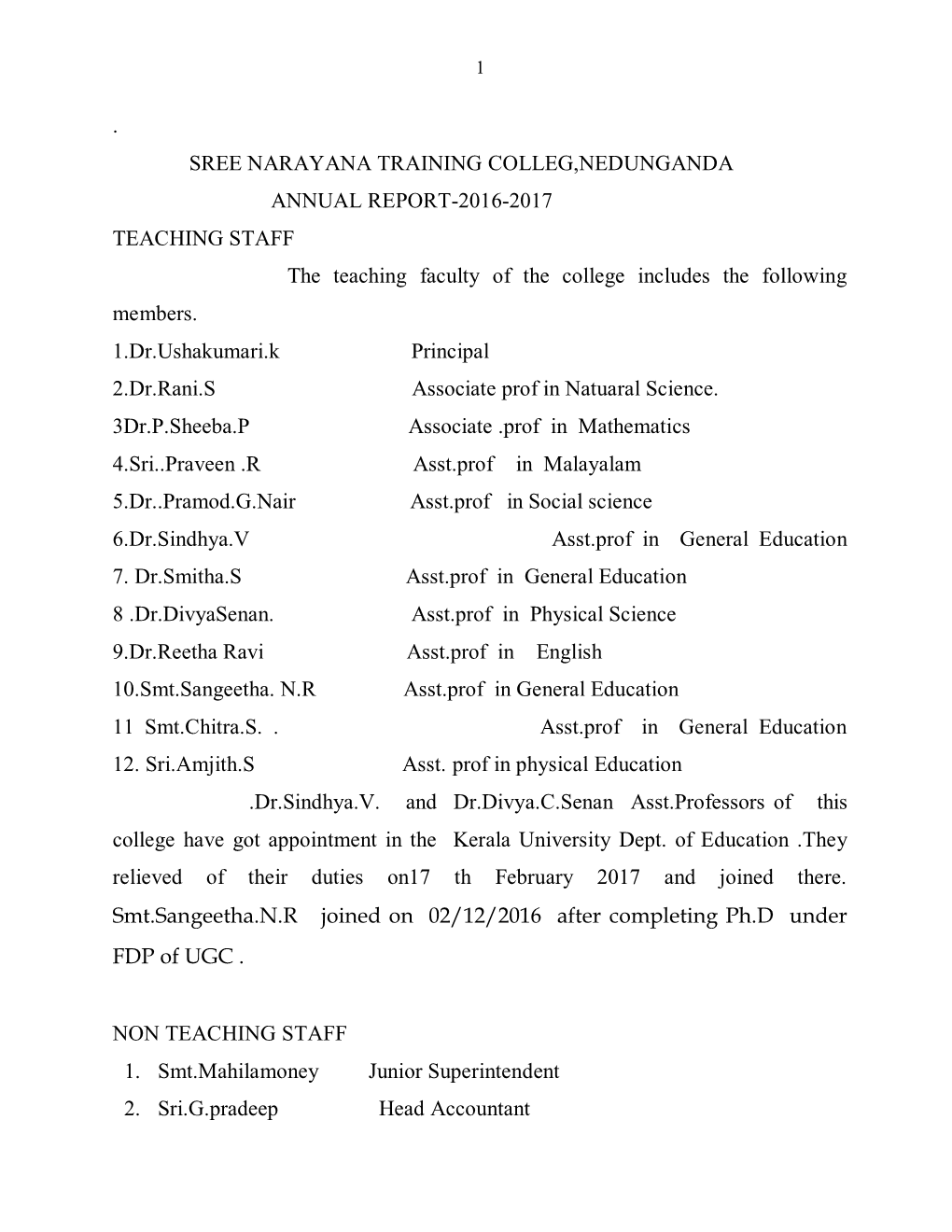 SREE NARAYANA TRAINING COLLEG,NEDUNGANDA ANNUAL REPORT-2016-2017 TEACHING STAFF the Teaching Faculty of the College Includes the Following Members