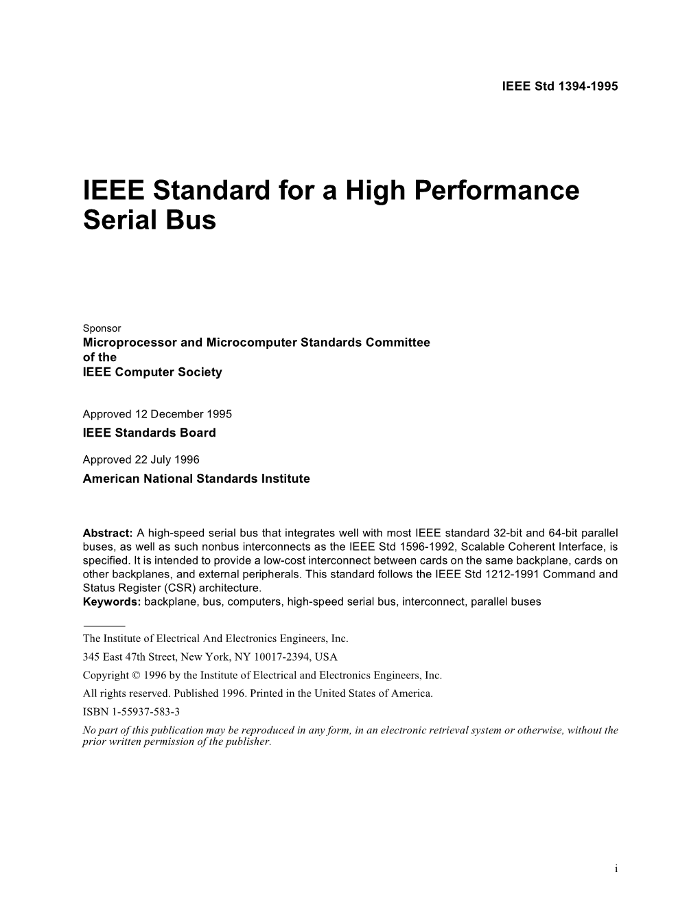 IEEE Std 1394-1995 IEEE Standard for a High Performance Serial