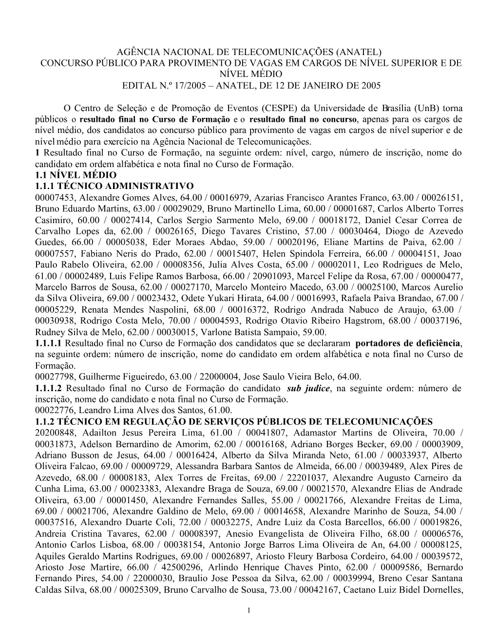 Anatel) Concurso Público Para Provimento De Vagas Em Cargos De Nível Superior E De Nível Médio Edital N.º 17/2005 – Anatel, De 12 De Janeiro De 2005