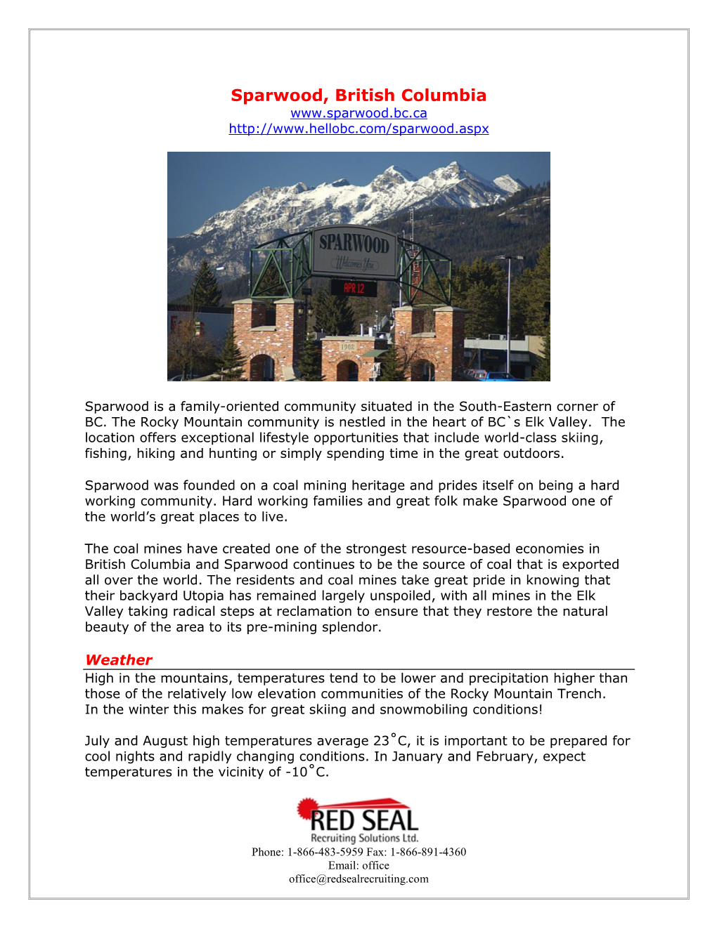 Sparwood, BC, Canada | Red Seal Recruiting