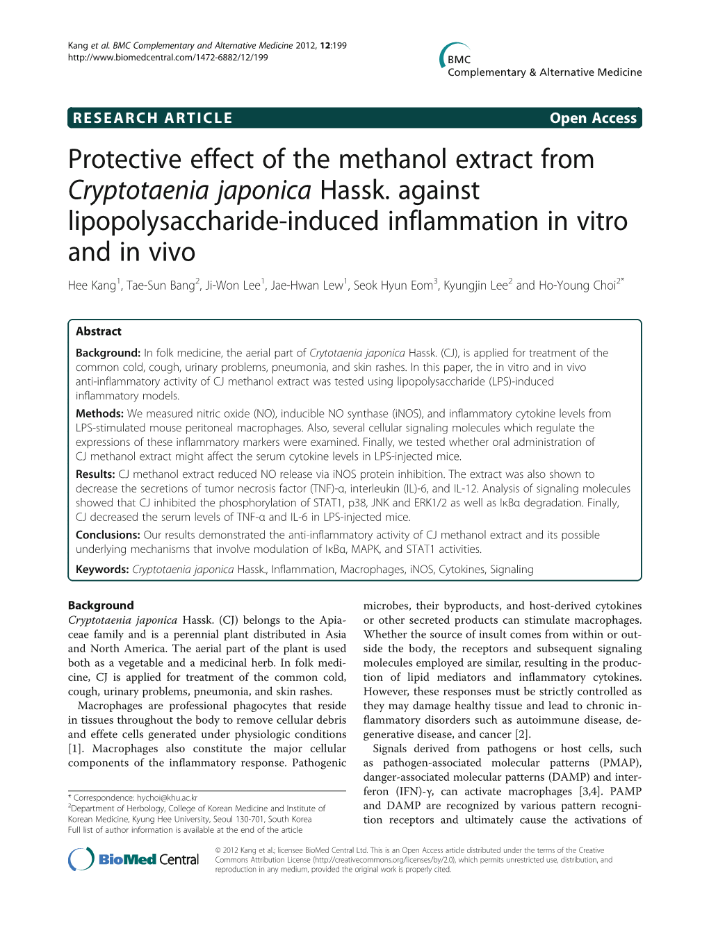 Protective Effect of the Methanol Extract from Cryptotaenia Japonica Hassk