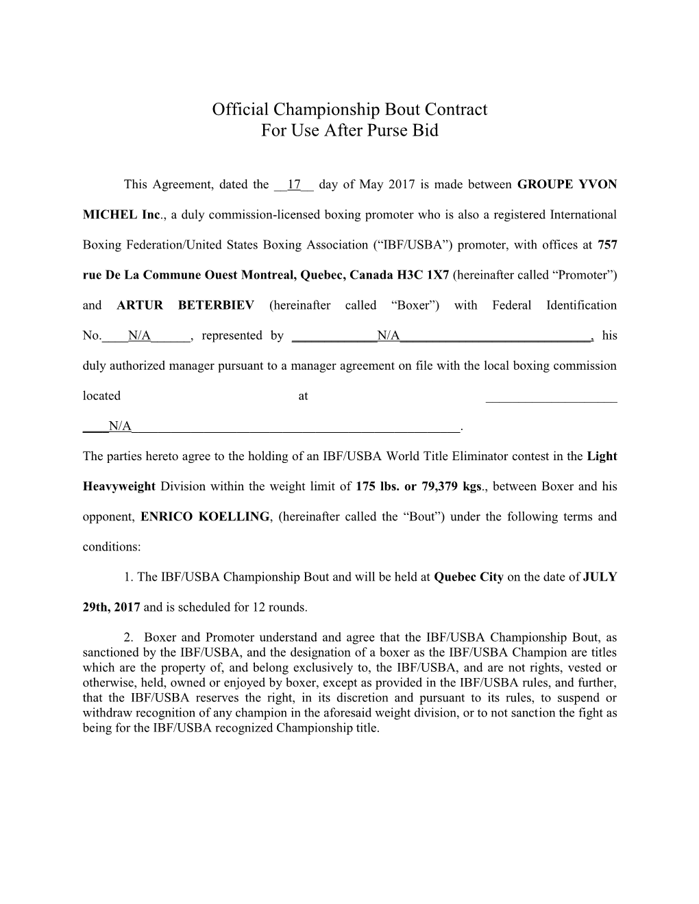 Official Championship Bout Contract for Use After Purse Bid