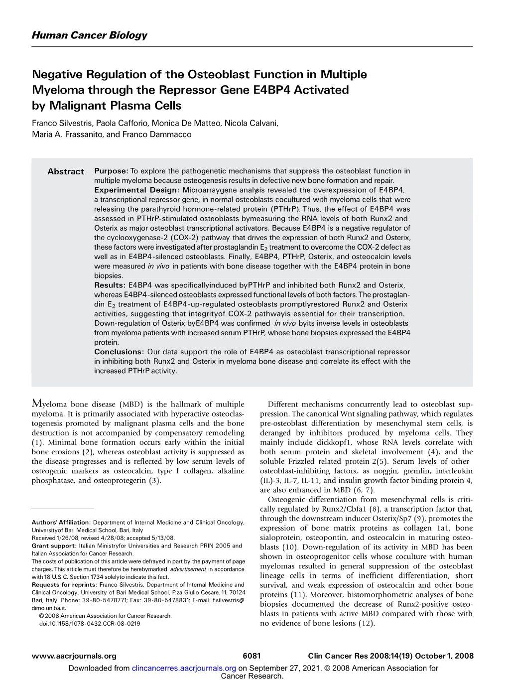 Negative Regulation of the Osteoblast Function in Multiple Myeloma