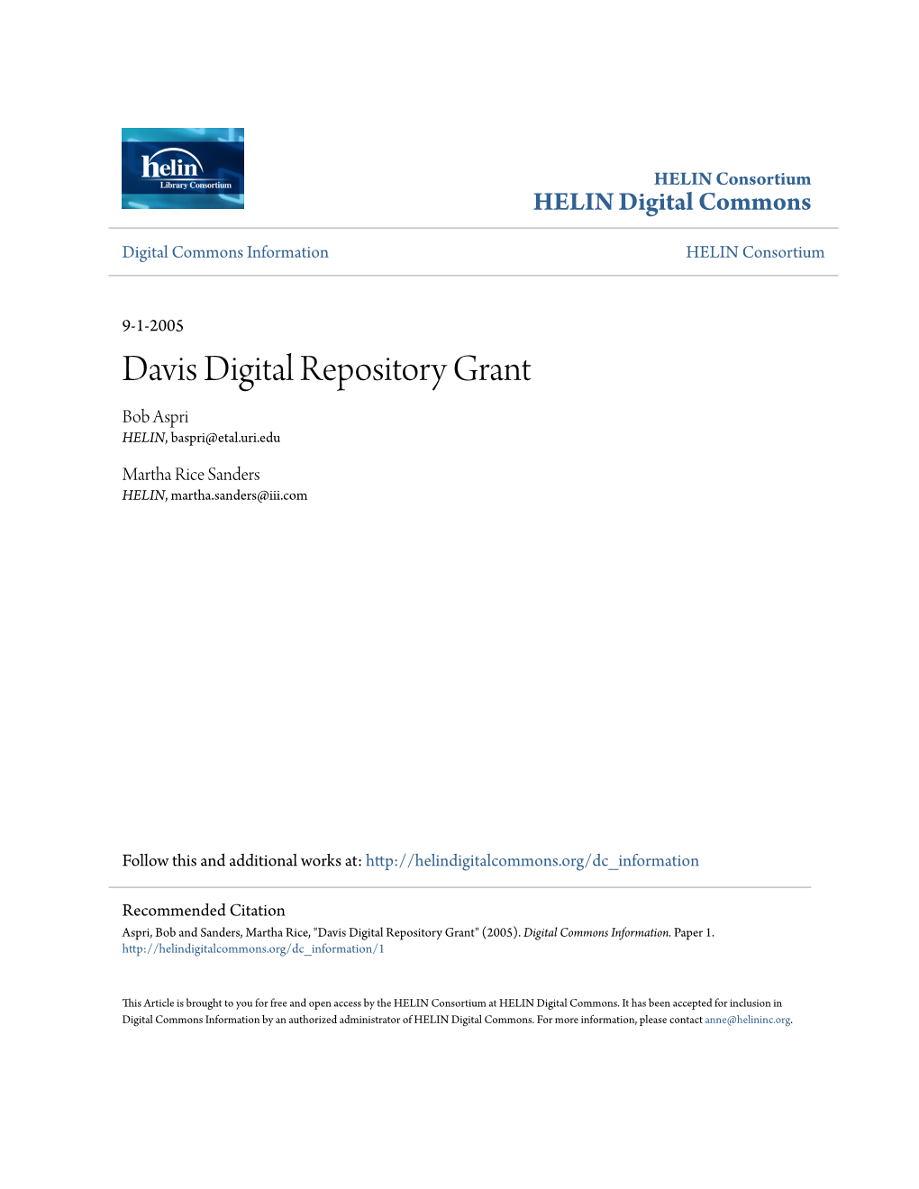 Davis Digital Repository Grant Bob Aspri HELIN, Baspri@Etal.Uri.Edu