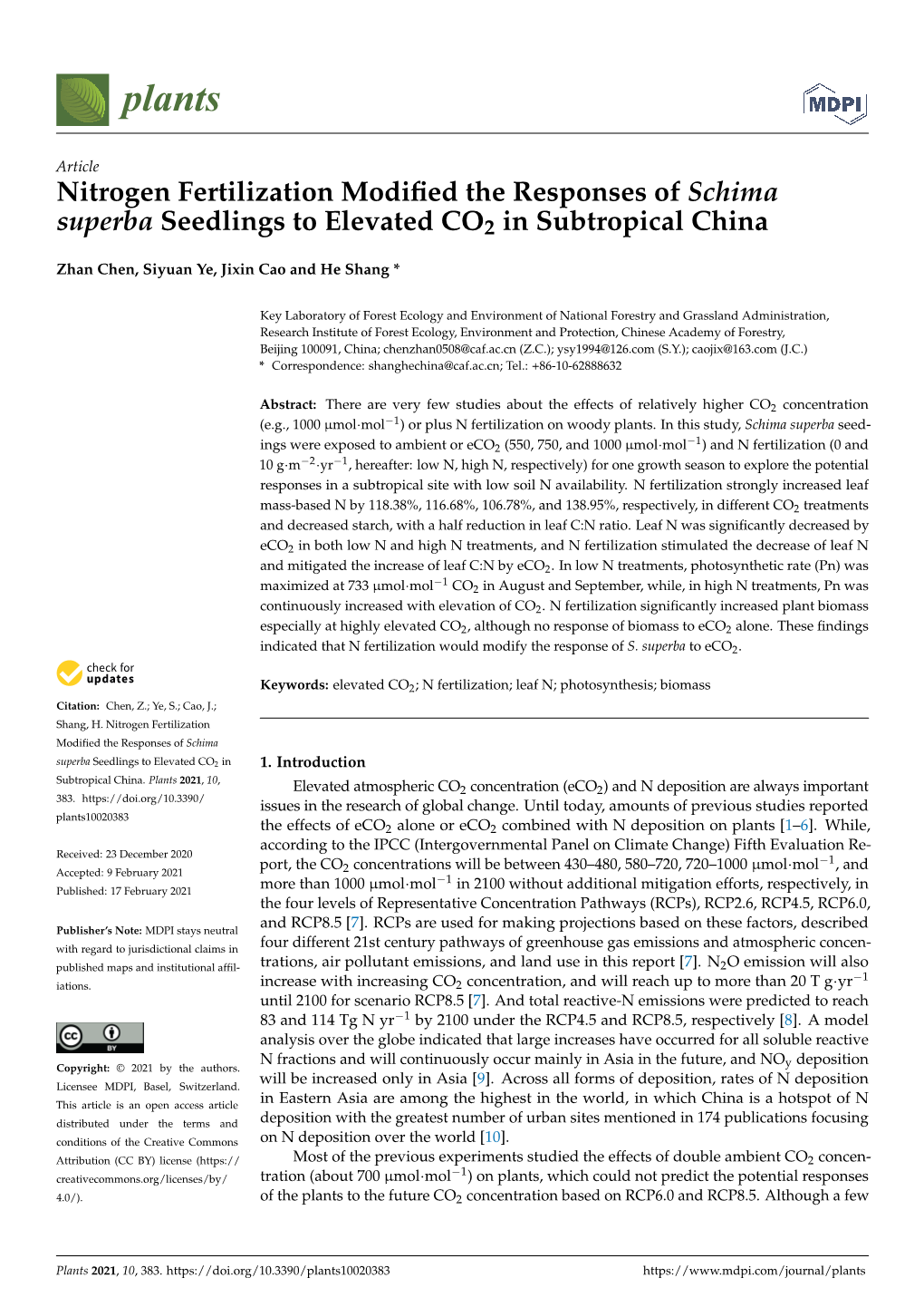 Nitrogen Fertilization Modified the Responses of Schima Superba