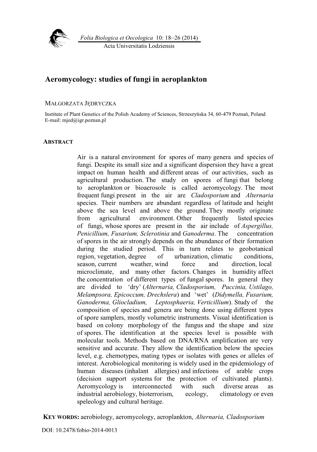 Aeromycology: Studies of Fungi in Aeroplankton