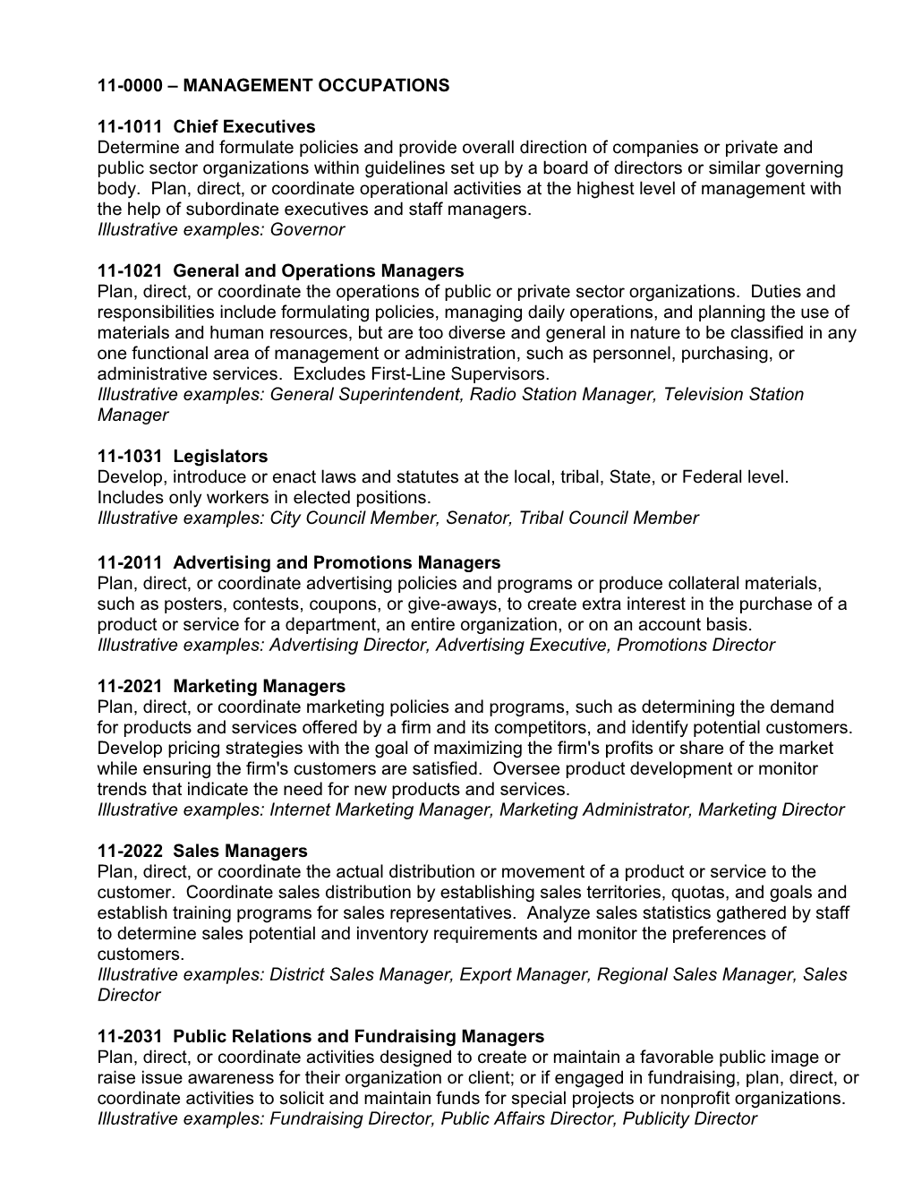 11-0000 – MANAGEMENT OCCUPATIONS 11-1011 Chief