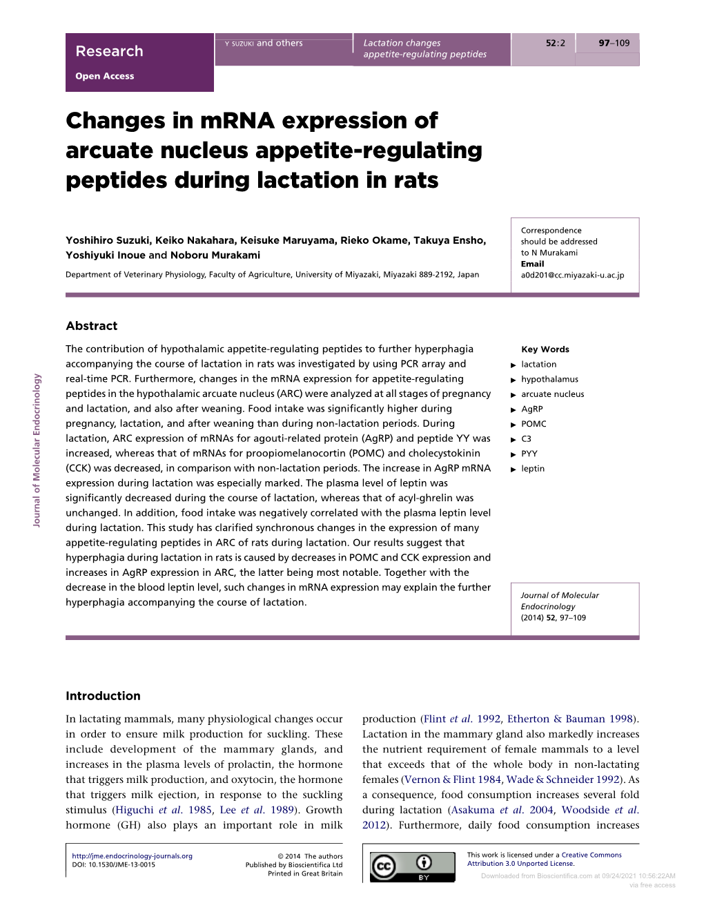 Changes in Mrna Expression of Arcuate Nucleus Appetite-Regulating Peptides During Lactation in Rats