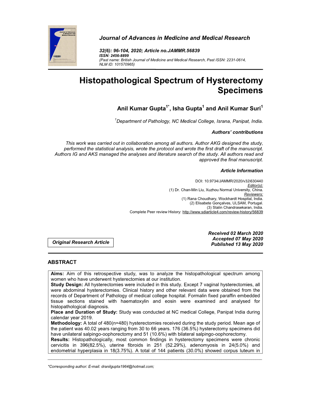 Histopathological Spectrum of Hysterectomy Specimens