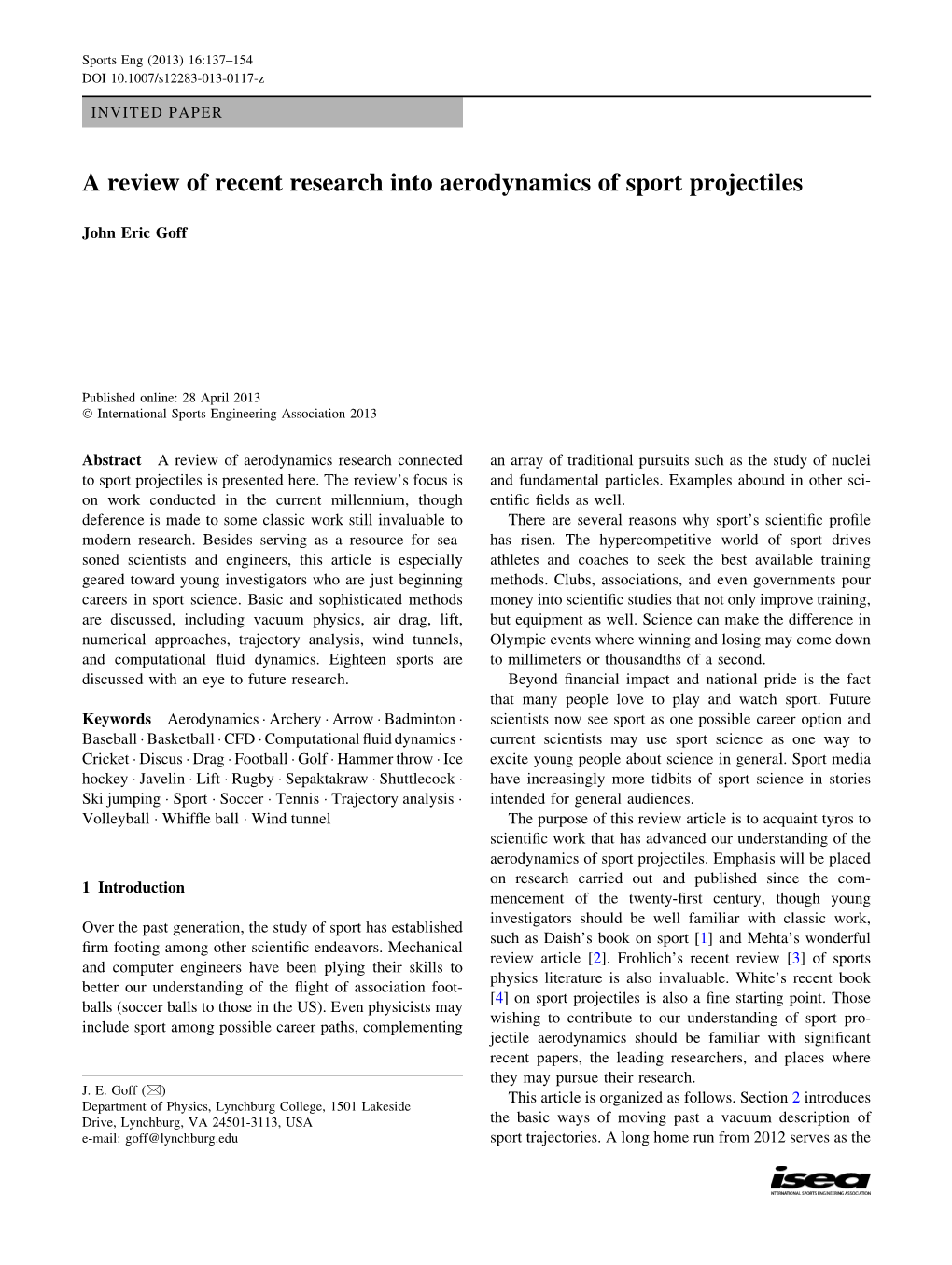 A Review of Recent Research Into Aerodynamics of Sport Projectiles