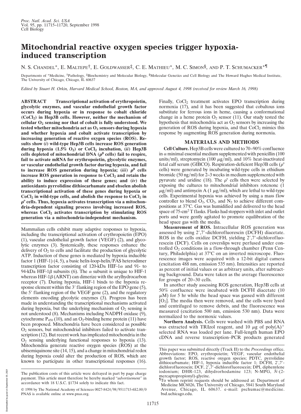 Mitochondrial Reactive Oxygen Species Trigger Hypoxia- Induced Transcription