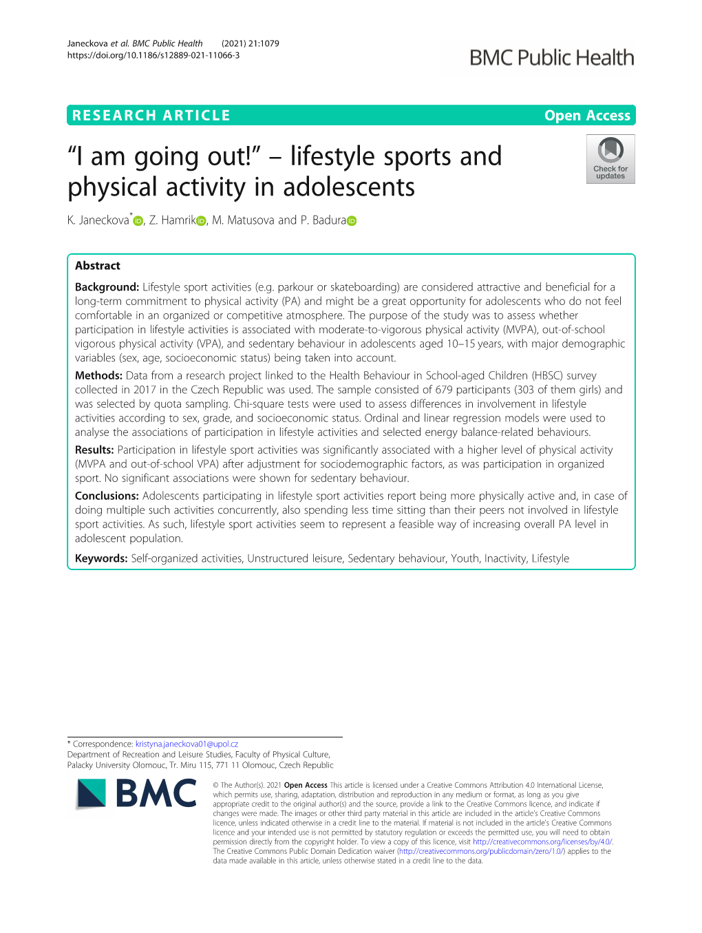 “I Am Going Out!” – Lifestyle Sports and Physical Activity in Adolescents