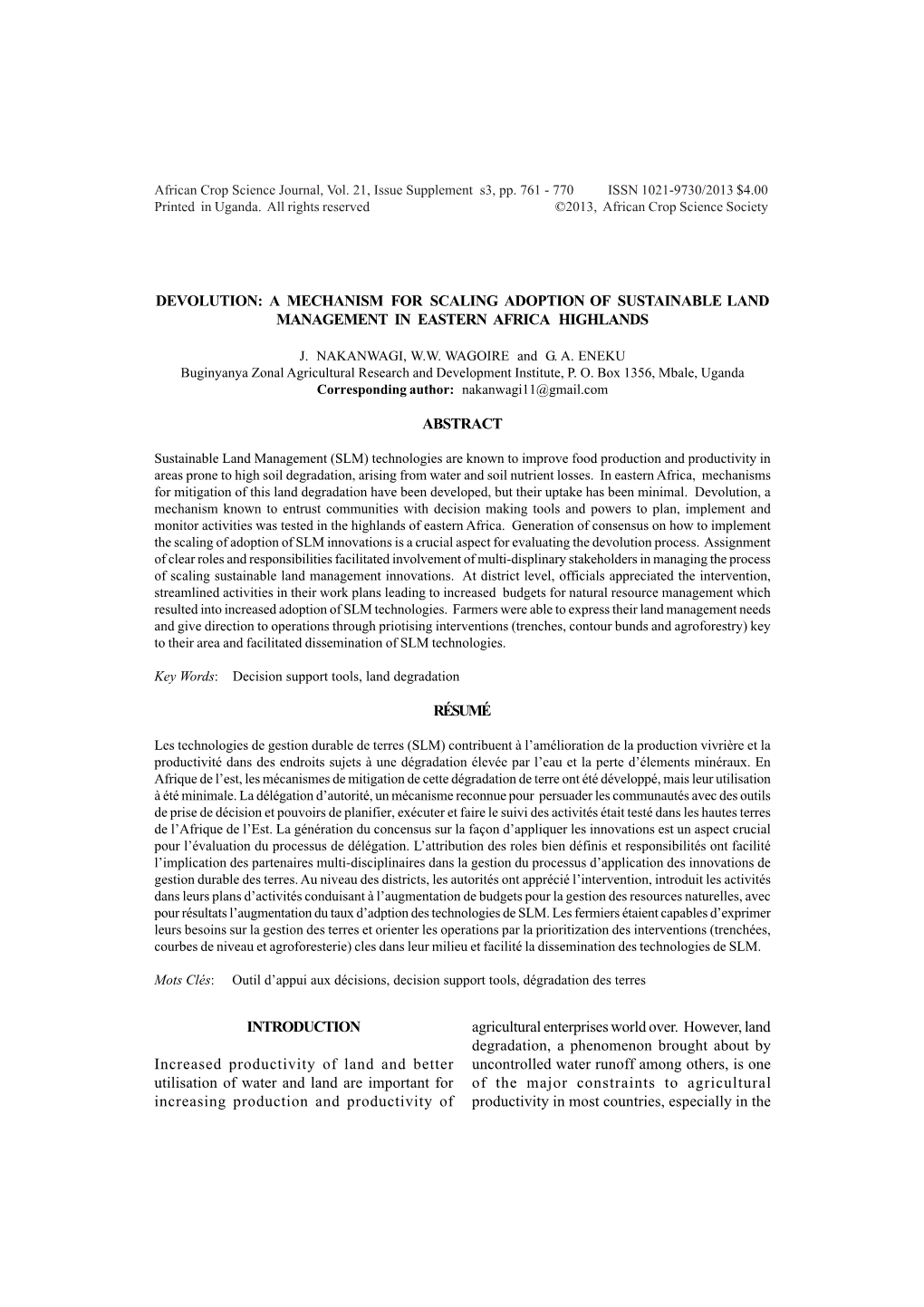 Devolution: a Mechanism for Scaling Adoption of Sustainable Land Management in Eastern Africa Highlands A