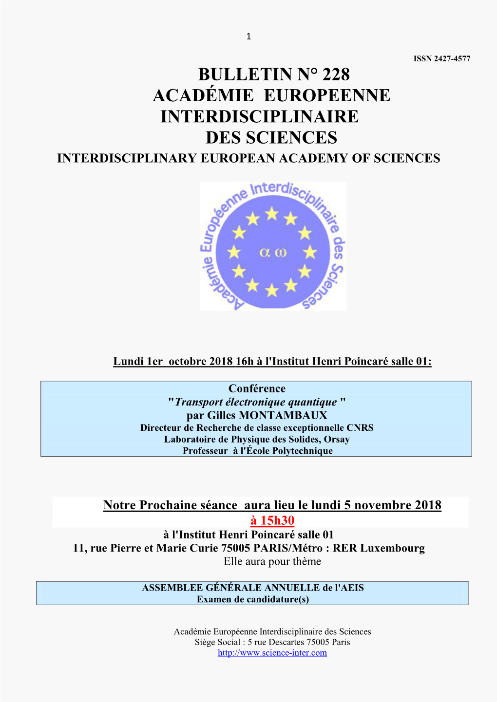 Bulletin N° 228 Académie Europeenne Interdisciplinaire Des Sciences Interdisciplinary European Academy of Sciences