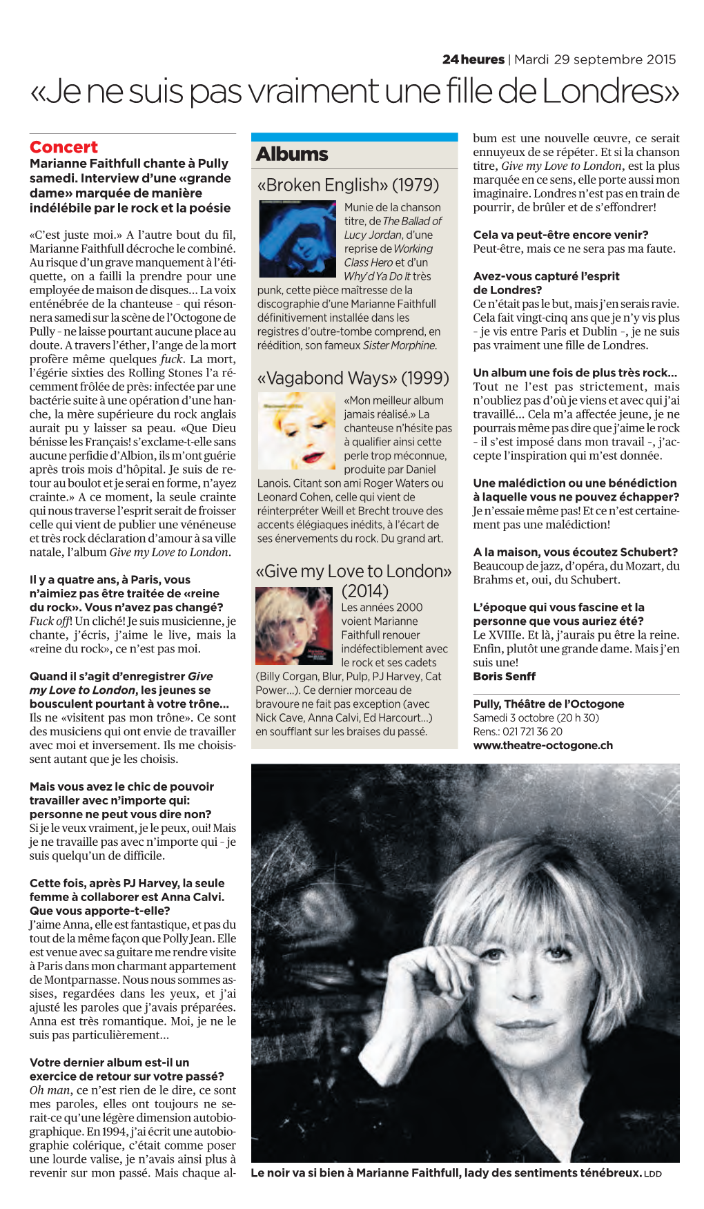 24 Heures 29.09.15 Marianne Faithfull Chante À Pully