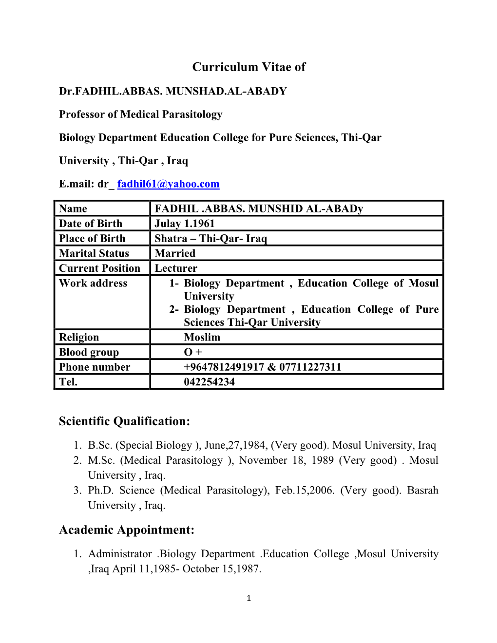 Curriculum Vitae of Scientific Qualification: Academic Appointment