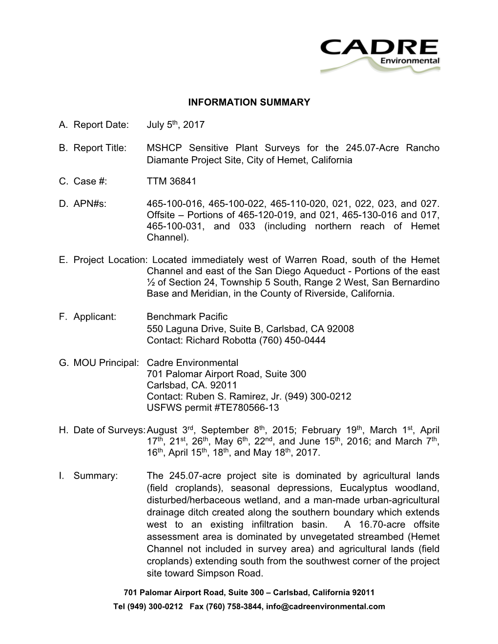 MSHCP Sensitive Plant Surveys for the 245.07-Acre Rancho Diamante Project Site, City of Hemet, California