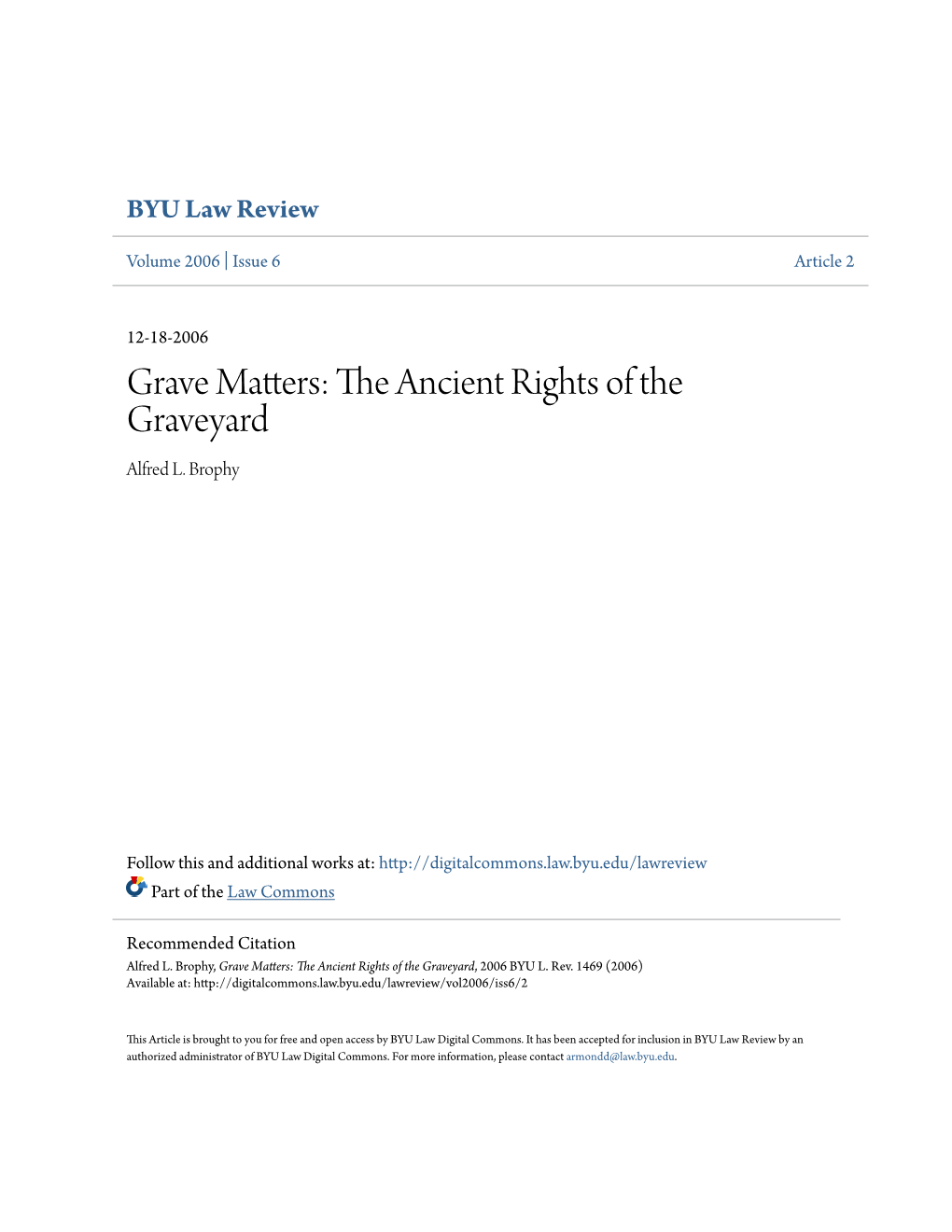 Grave Matters: the Ancient Rights of the Graveyard Alfred L