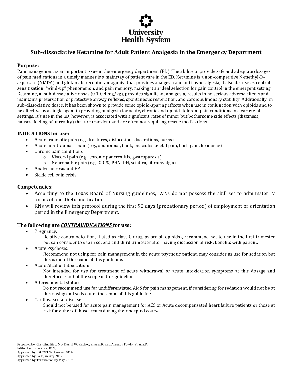 Sub-Dissociative Ketamine for Adult Patient Analgesia in the Emergency Department