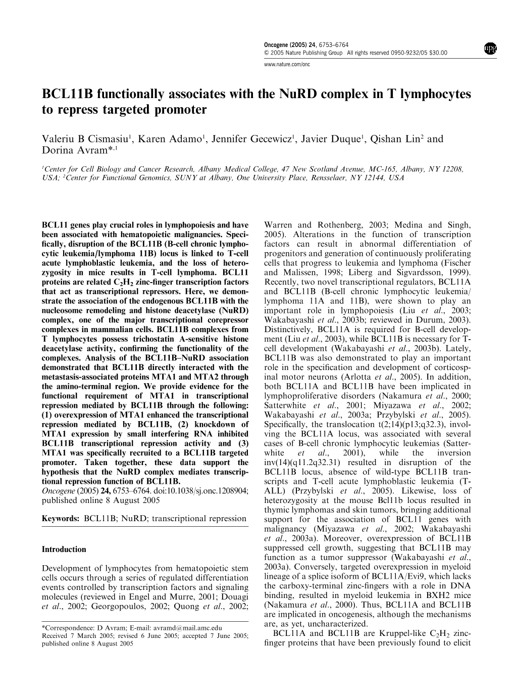 BCL11B Functionally Associates with the Nurd Complex in T Lymphocytes to Repress Targeted Promoter