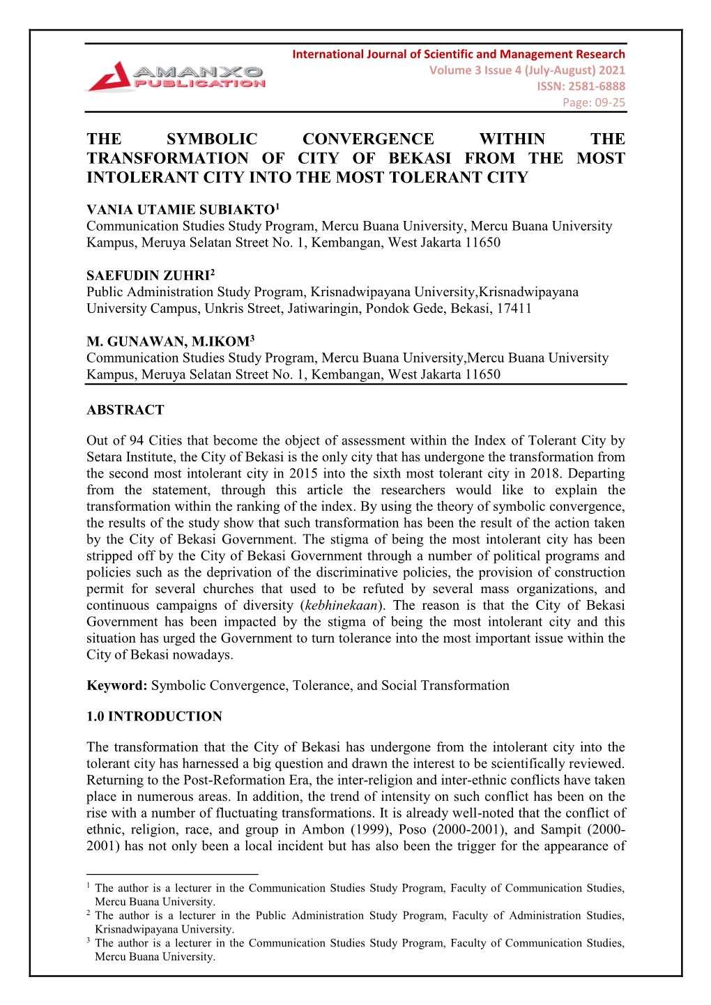 The Symbolic Convergence Within the Transformation of City of Bekasi from the Most Intolerant City Into the Most Tolerant City